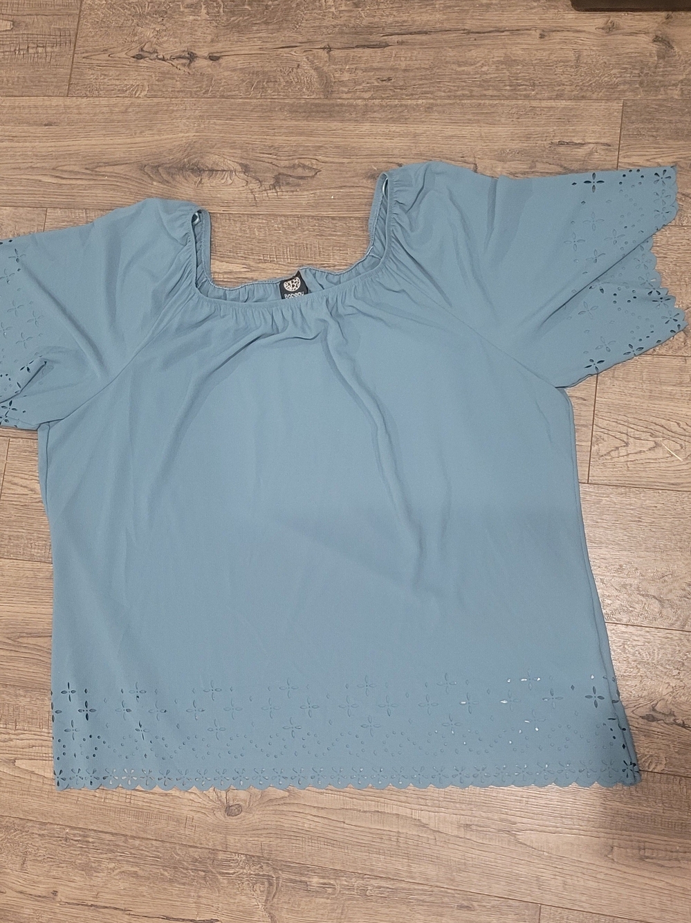 B For Bobeau Boho Dusty Teal-Blue Eyelet Trim Short Sleeve Blouse NWT 2X
